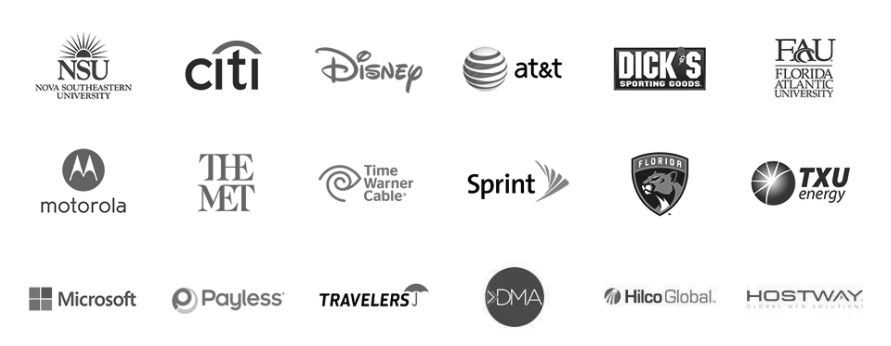 A collection of logos from various well-known companies and organizations, including NSU, Citi, Disney, AT&T, Dick's Sporting Goods, Florida Atlantic University, Motorola, The MET, Time Warner Cable, Sprint, Florida Panthers, TXU Energy, Microsoft, Payless, Travelers, DMA, Hilco Global, and Hostway.