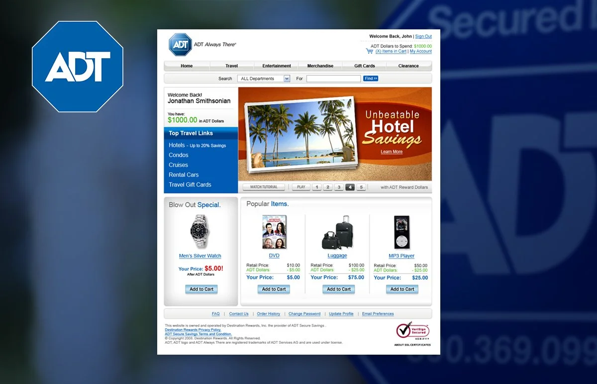 Screenshot of the ADT security website featuring promotional travel deals and products, including a men's silver watch, DVD, luggage, and MP3 player with prices listed.