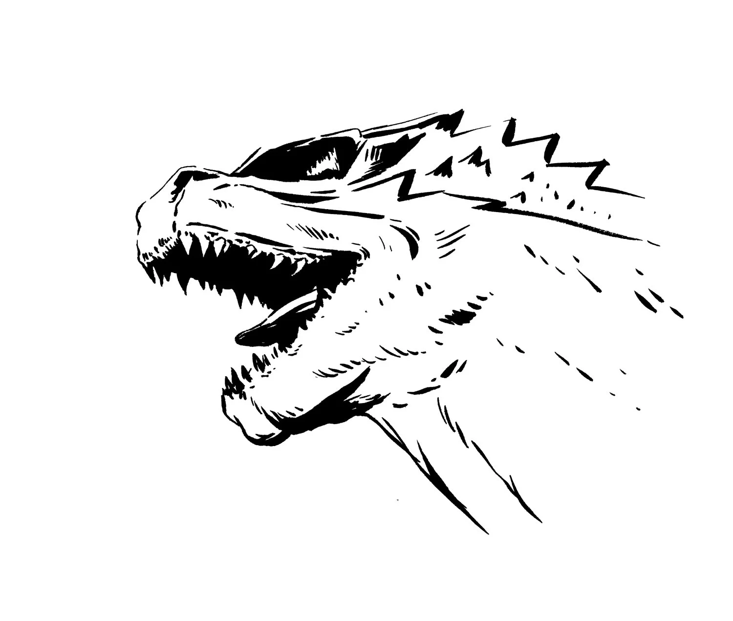 Black and white illustration of a roaring T-Rex dinosaur head in profile view.