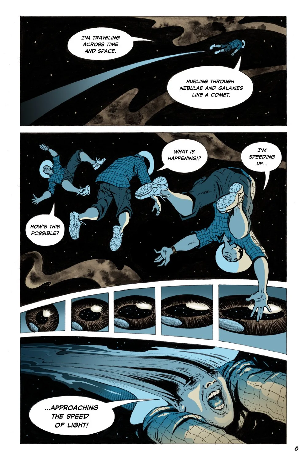 A comic strip shows an astronaut and a creature in space, with a background of stars and nebulae. The astronaut says, "I'm traveling across time and space," and the creature responds, "Hurling through nebulae and galaxies like a comet." The creature questions, "What is happening!" and the astronaut says, "I'm speeding up..." The story continues with close-up panels of a starry eye and a person screaming, as the eye approaches the speed of light.