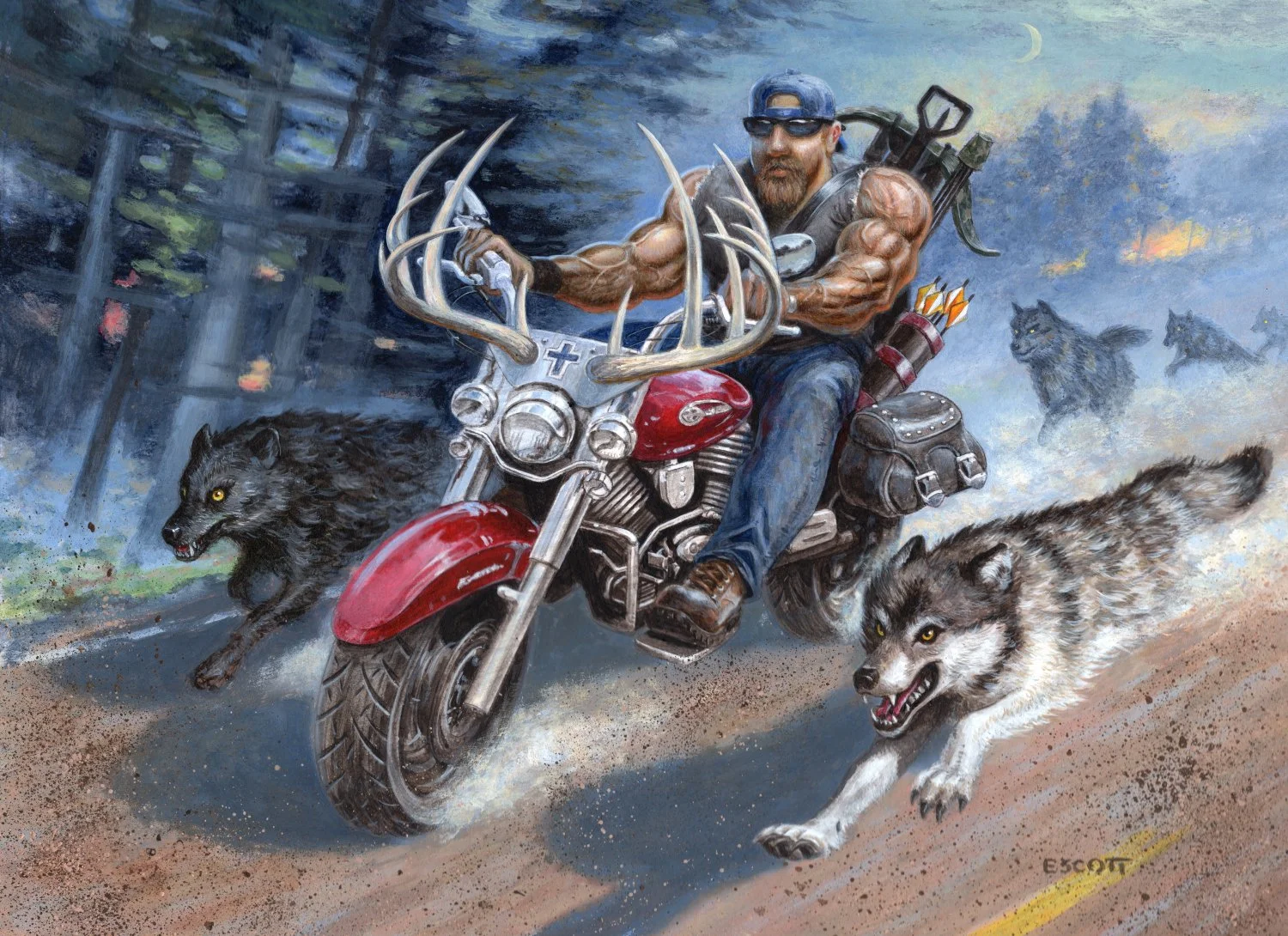 A muscular man with a beard riding a red motorcycle through a forest with three snarling wolves chasing behind him. The man wears sunglasses, a backwards cap, and carries bows and arrows on his back.