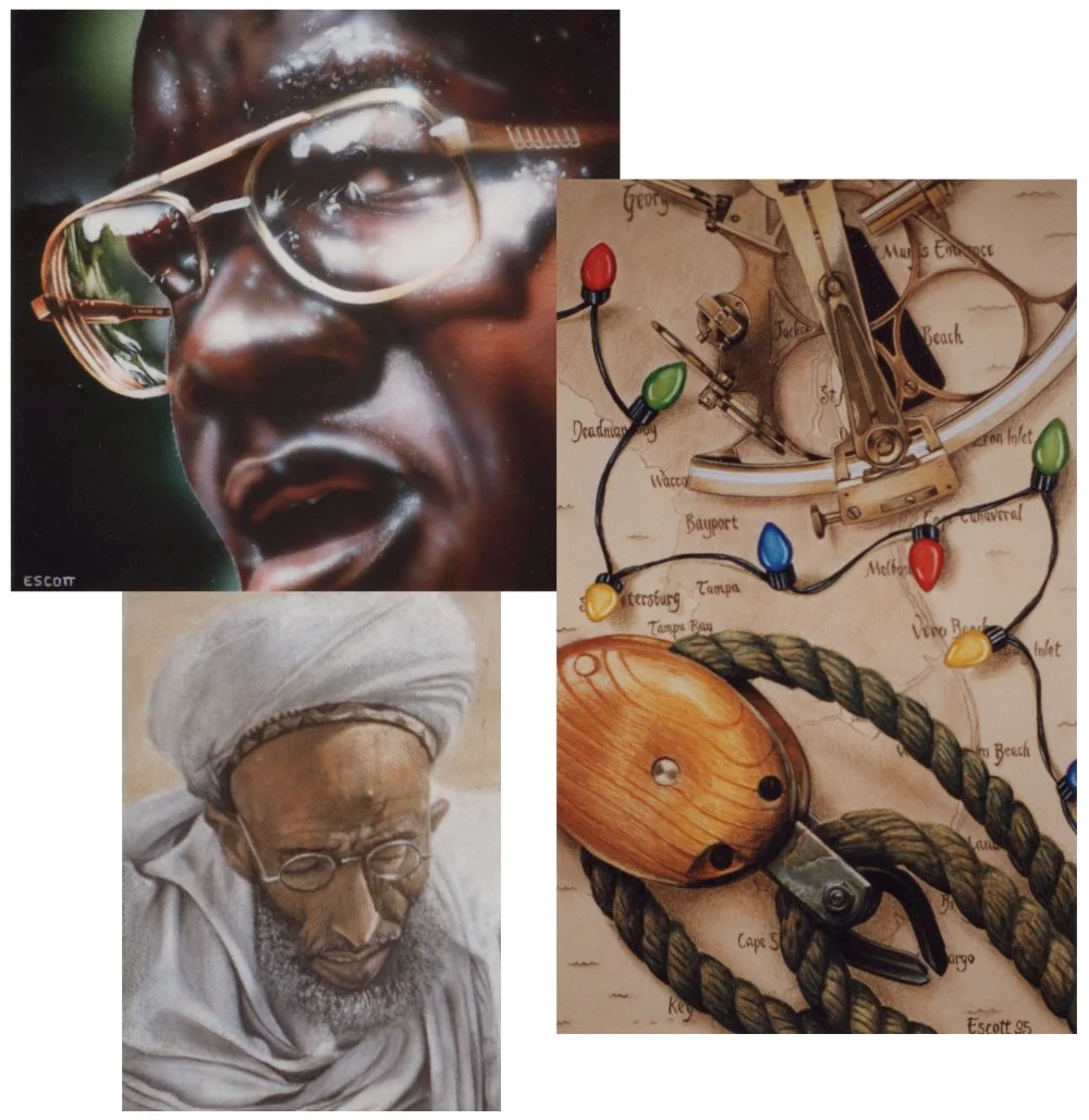 A collage of three images. The first image is a close-up of a person with dark skin wearing sunglasses with reflections. The second image is a vintage nautical map with a ship's wheel and colorful Christmas lights. The third image is a portrait of an older man with glasses and a white turban or head covering.