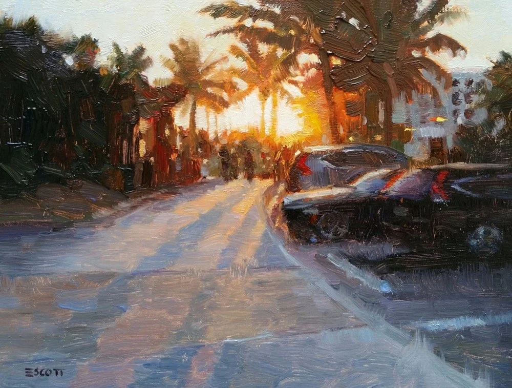 Oil painting of a street scene at sunset with palm trees, parked cars, and a few blurred figures walking.