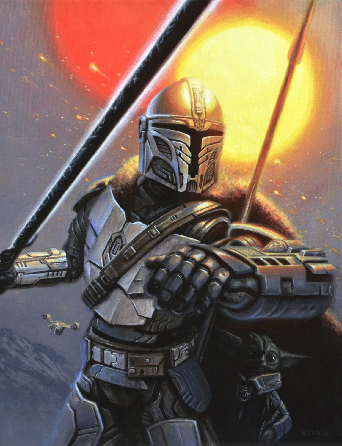 A detailed painting of a Mandalorian warrior in armor with a helmet, holding a spear and blaster rifle, set against a space background with a bright sun and explosion.