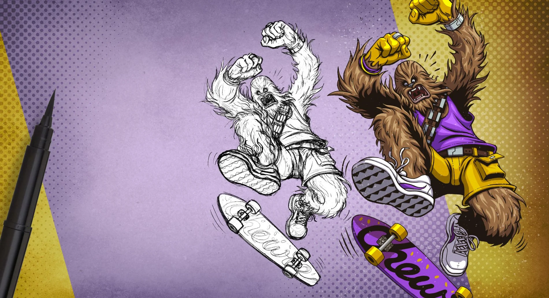 Two animated Bigfoot-like characters skateboarding on purple background with yellow accents, one in black and white sketch style and the other in full color with purple and yellow clothing, both appearing excited.