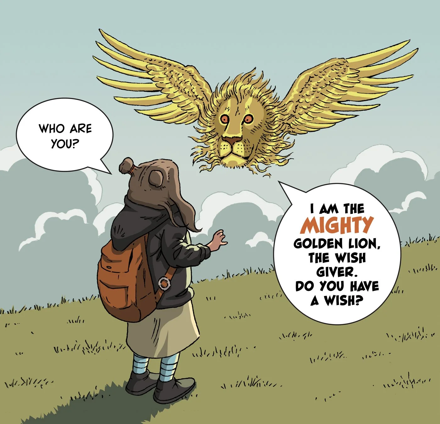 A person wearing a hat and backpack faces a flying golden lion with wings in a cloudy sky, asking 'Who are you?' and the lion responds, 'I am the mighty golden lion, the wish giver. Do you have a wish?'