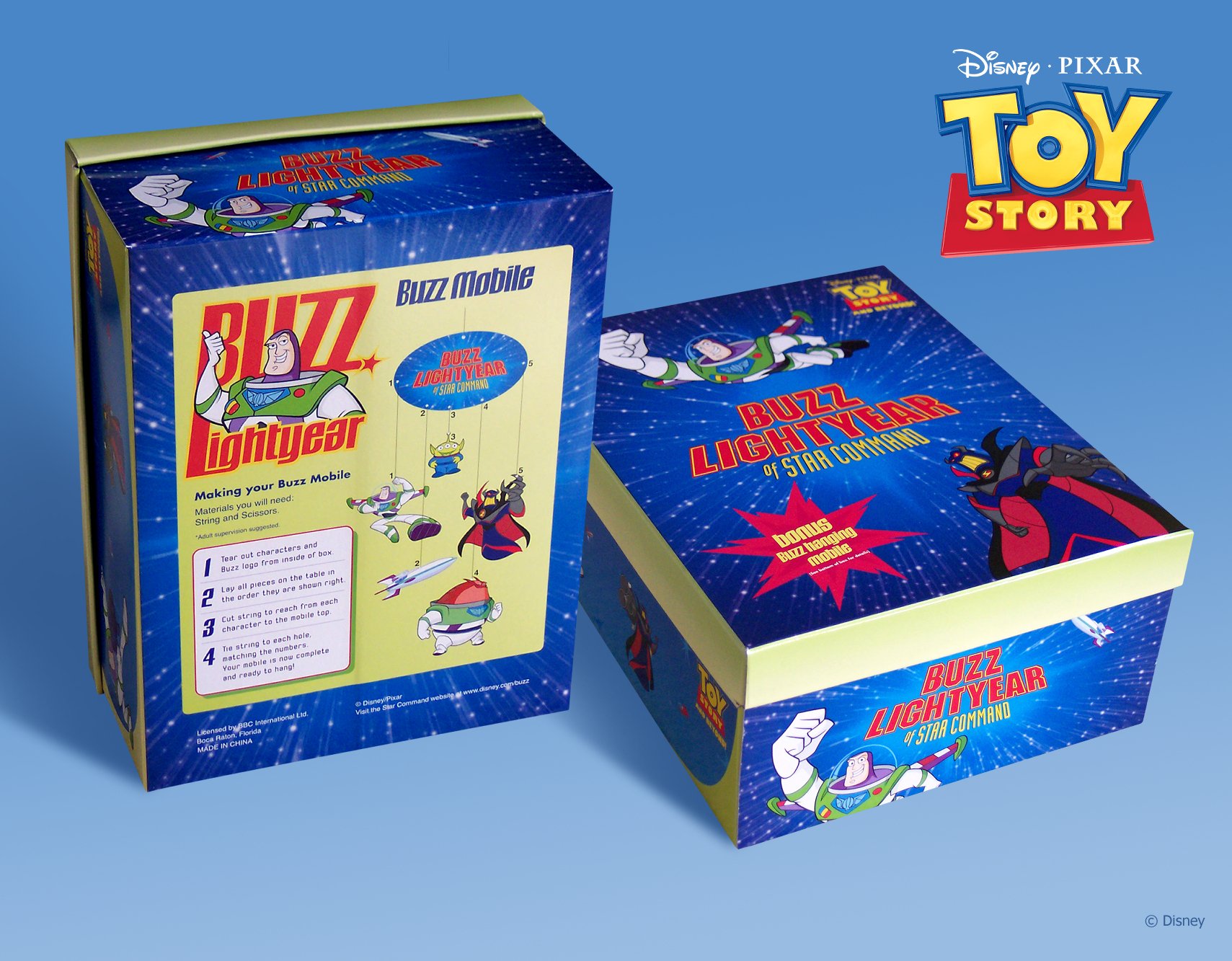 Toy packaging of Buzz Lightyear from Toy Story, including a box with instructions for making a Buzz Mobile from Star Command and a colorful box cover featuring Buzz Lightyear and Emperor Zurg.