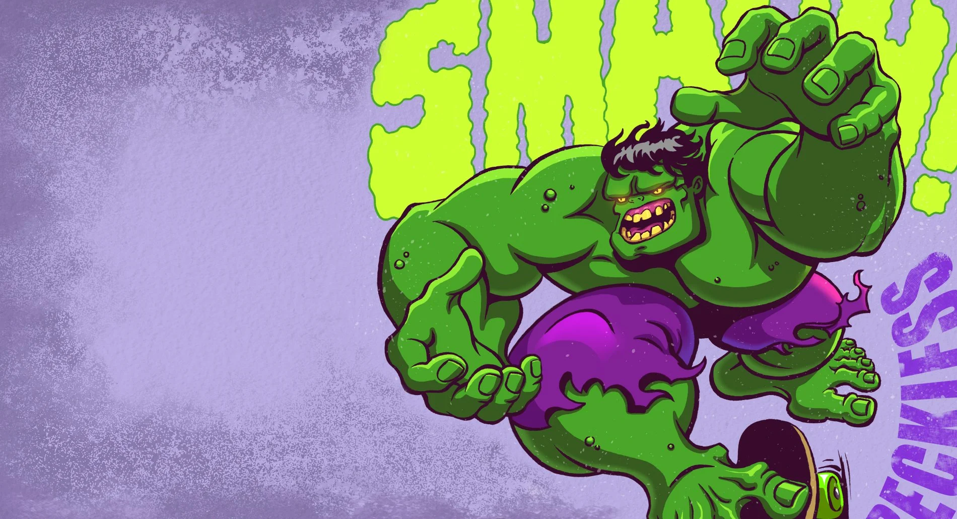 Comic illustration of the Hulk with green skin, black hair, and purple pants, in a dynamic fighting pose with an angry expression. The background is purple with stylized text reading 'SNACK' and 'WISH'.