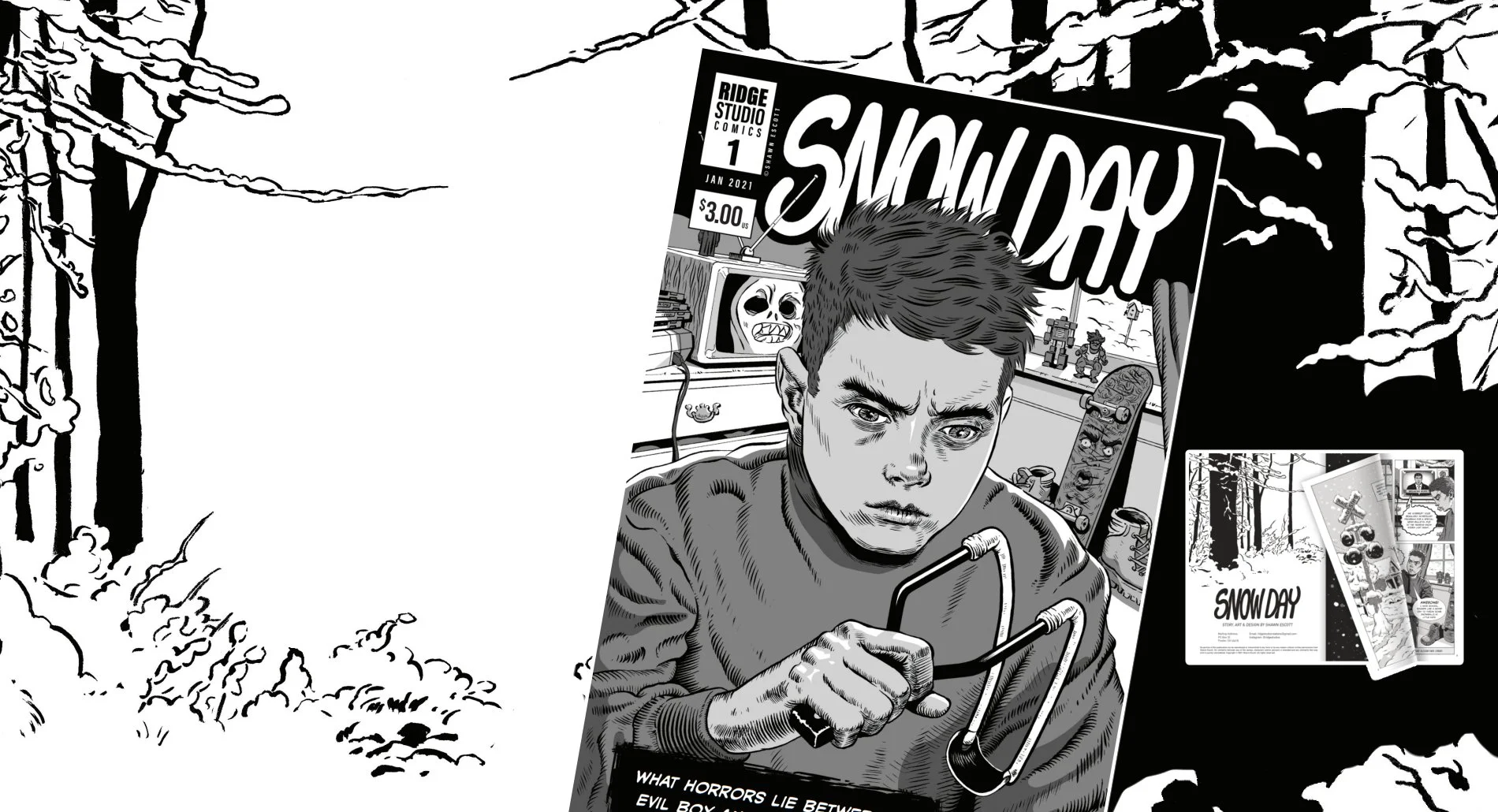 Black and white comic book cover titled 'Snow Day', featuring a young boy with disheveled hair holding a slingshot, with a serious expression. The background shows a cluttered room with a computer monitor displaying a skeleton face, toys, and various objects. The cover includes a price of $3.00 and a date of January 2021. To the right, there is a smaller preview of the comic pages.