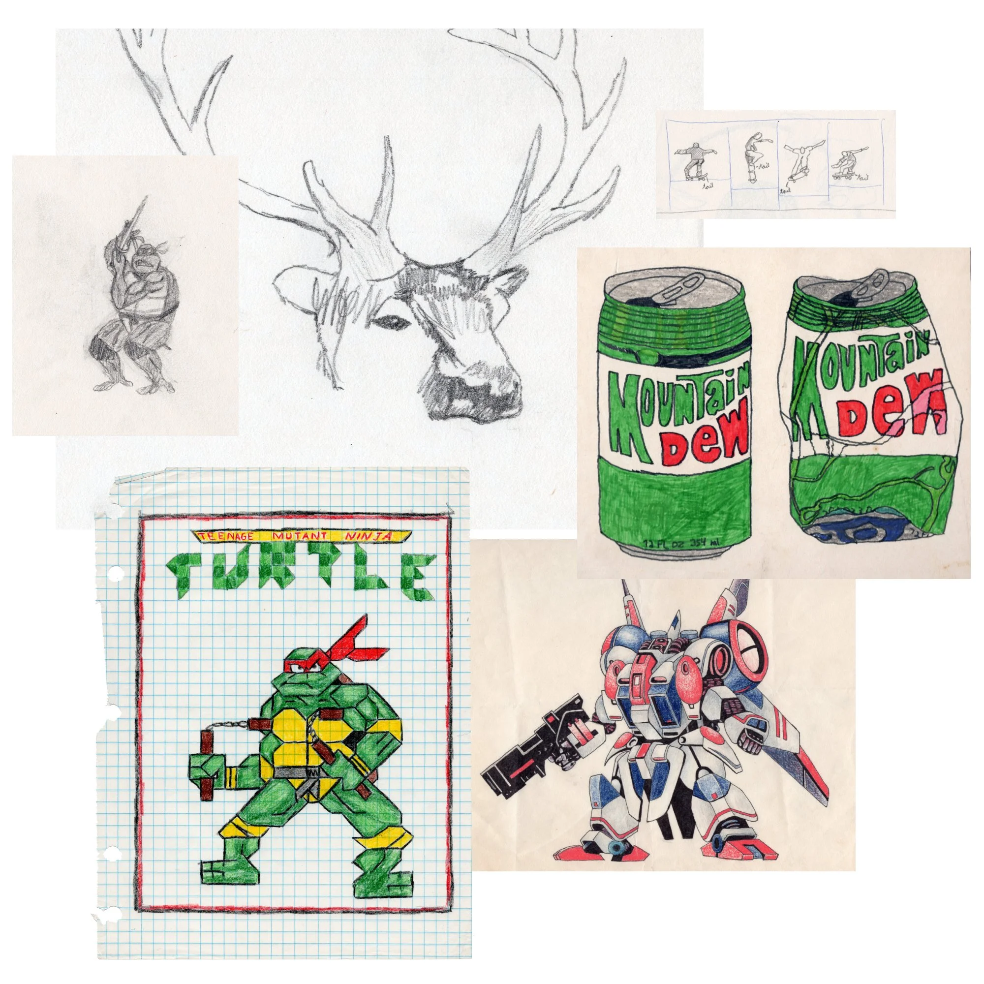 Collection of hand-drawn sketches and colored illustrations including a deer's head, a ninja holding a sword, two cans of Mountain Dew, a Teenage Mutant Ninja Turtles drawing, and a mecha robot.