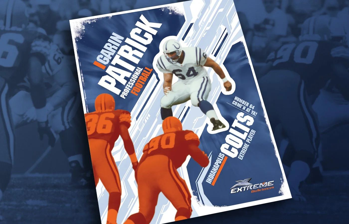 A promotional poster for the Indiana Carnins Pro Football City Cup. It features a large image of a football player in white and blue uniform, with two football players in orange uniforms in the foreground. The poster includes text highlighting the event, with phrases like "Number 64, Come in at Ya!" and "Extreme Player." The background has a stylized design with diagonal lines and abstract shapes.