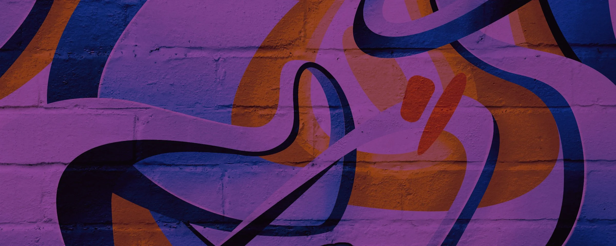 Colorful graffiti mural featuring abstract lines in purple, orange, pink, and black on a brick wall.