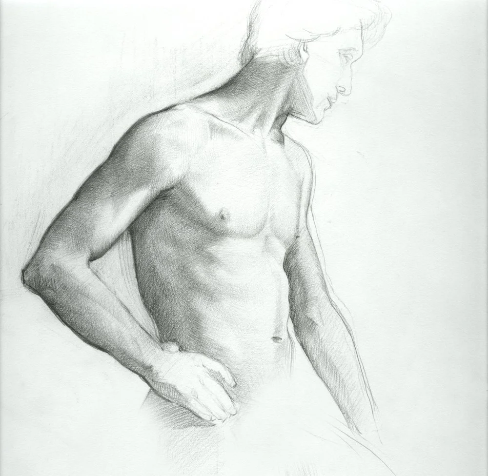 A detailed pencil drawing of a shirtless man with his hand on his hip, viewed in profile with his head slightly tilted downward.
