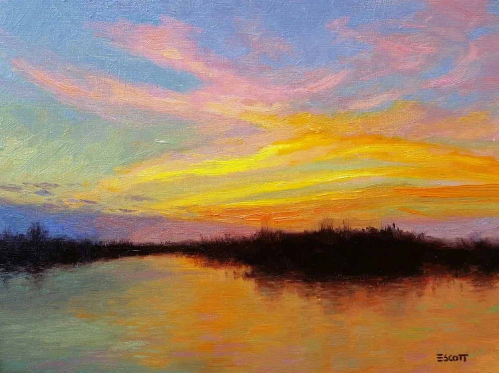 A colorful painting of a sunset over a calm river with dark silhouettes of trees along the horizon.