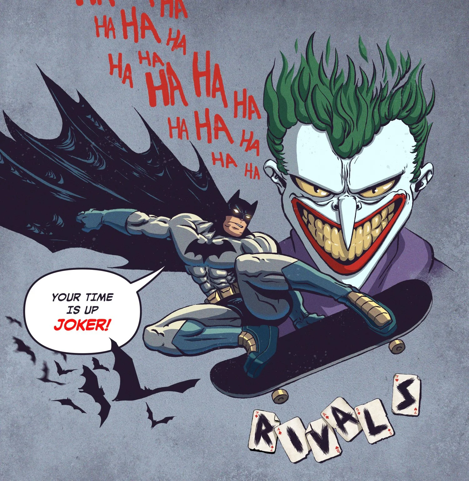 Batman skateboarding while Joker laughs behind him, with playing cards spelling 'DIALS' at the bottom and a speech bubble saying 'Your time is up JOKER!'