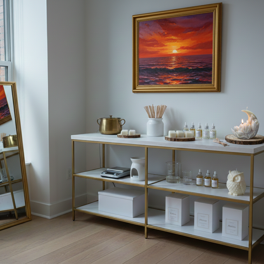 A white shelf with a gold frame holds candles, a white owl sculpture, small bottles, and a candle with a shell design in a well-lit room. A sunset painting hangs on the wall above. A mirror with a gold frame leans against the wall beside a window.