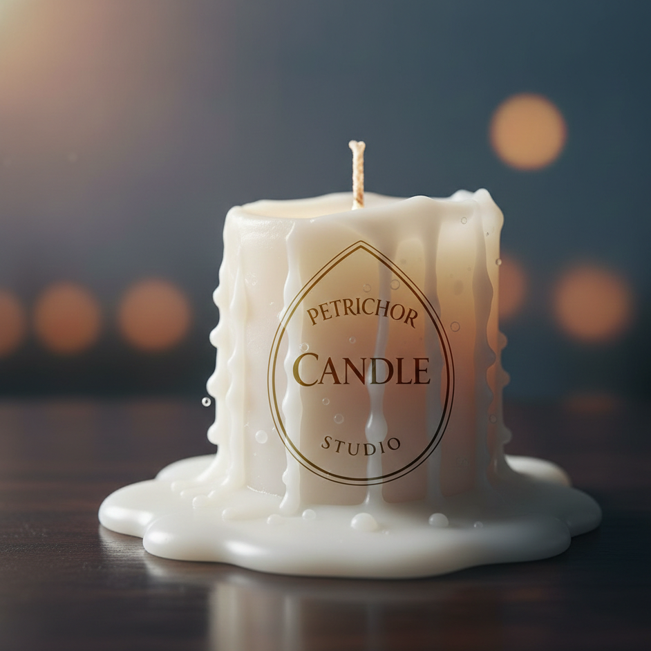 White melting candle on a dark wooden surface with a blurred background of orange lights.