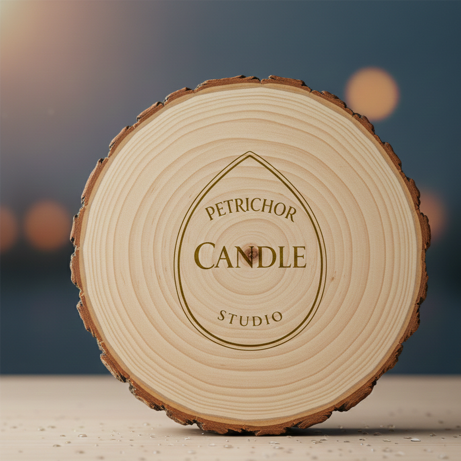 A cross-section of a tree trunk with a label for 'Petricor Candle Studio' on it, set against a blurry background with bokeh lights.
