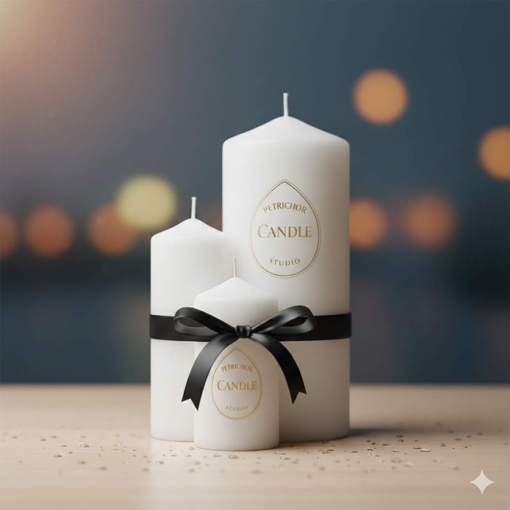 Three white candles of varying sizes wrapped with a black ribbon, featuring gold labels reading "Petrichor Candle Studio." The candles are placed on a wooden surface with scattered droplets, against a blurred background of lights.