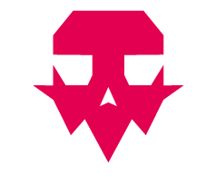 Logotipo de uma caveira estilizada em rosa e branco com elementos pontiagudos e linhas agudas, possivelmente de uma equipe esportiva ou marca.