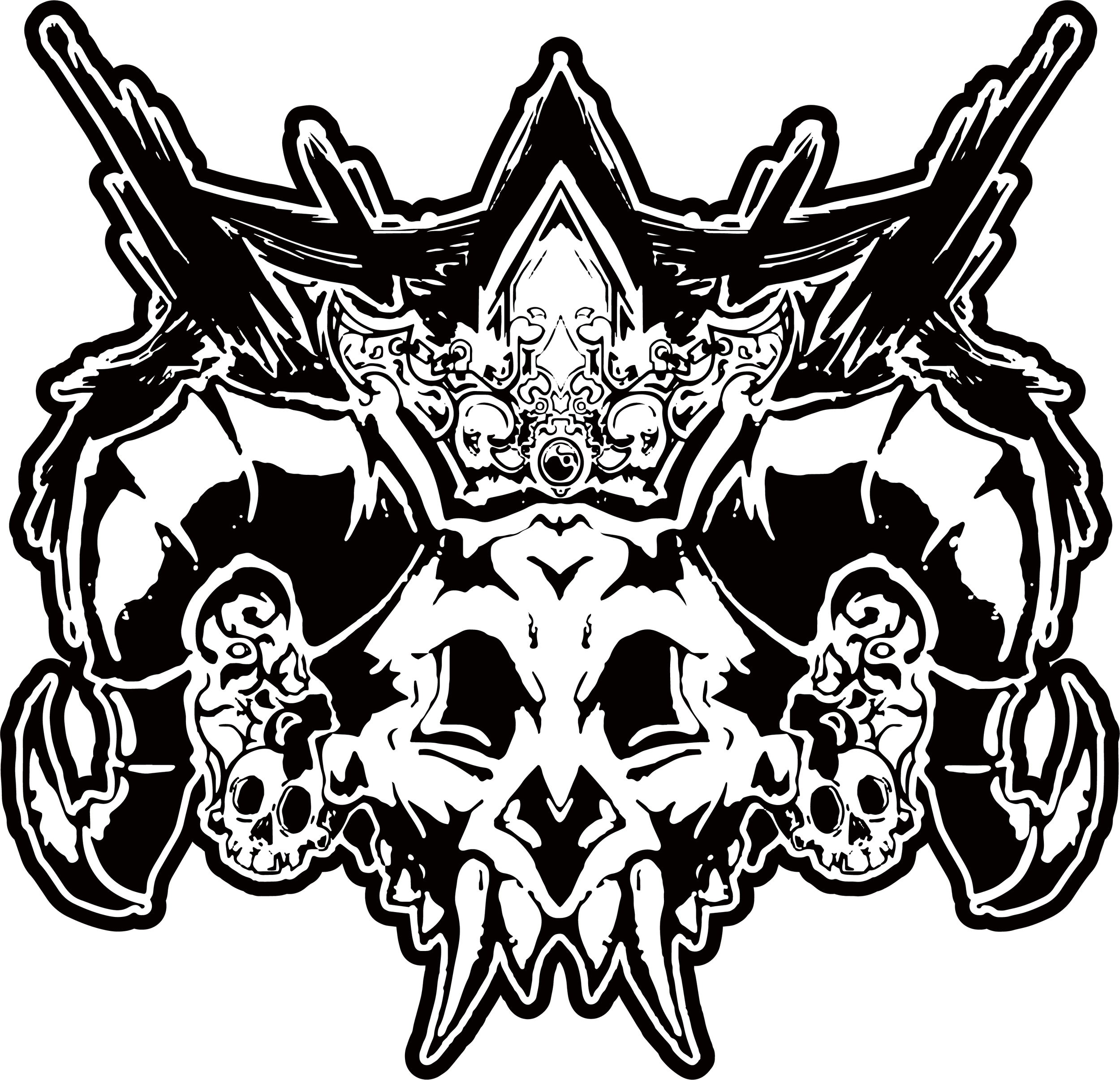 Arte de estilo skull e elementos sombrios em preto e branco, com detalhes intrincados e simetria.