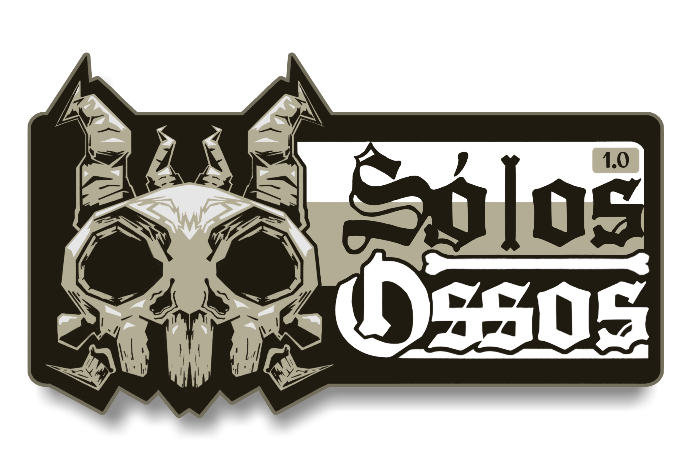 Logotipo com um crânio estilizado e chifres, texto 'Skulos Ososos' em estilo gótico, com uma faixa de cor bege e detalhes em preto, branco e cinza.
