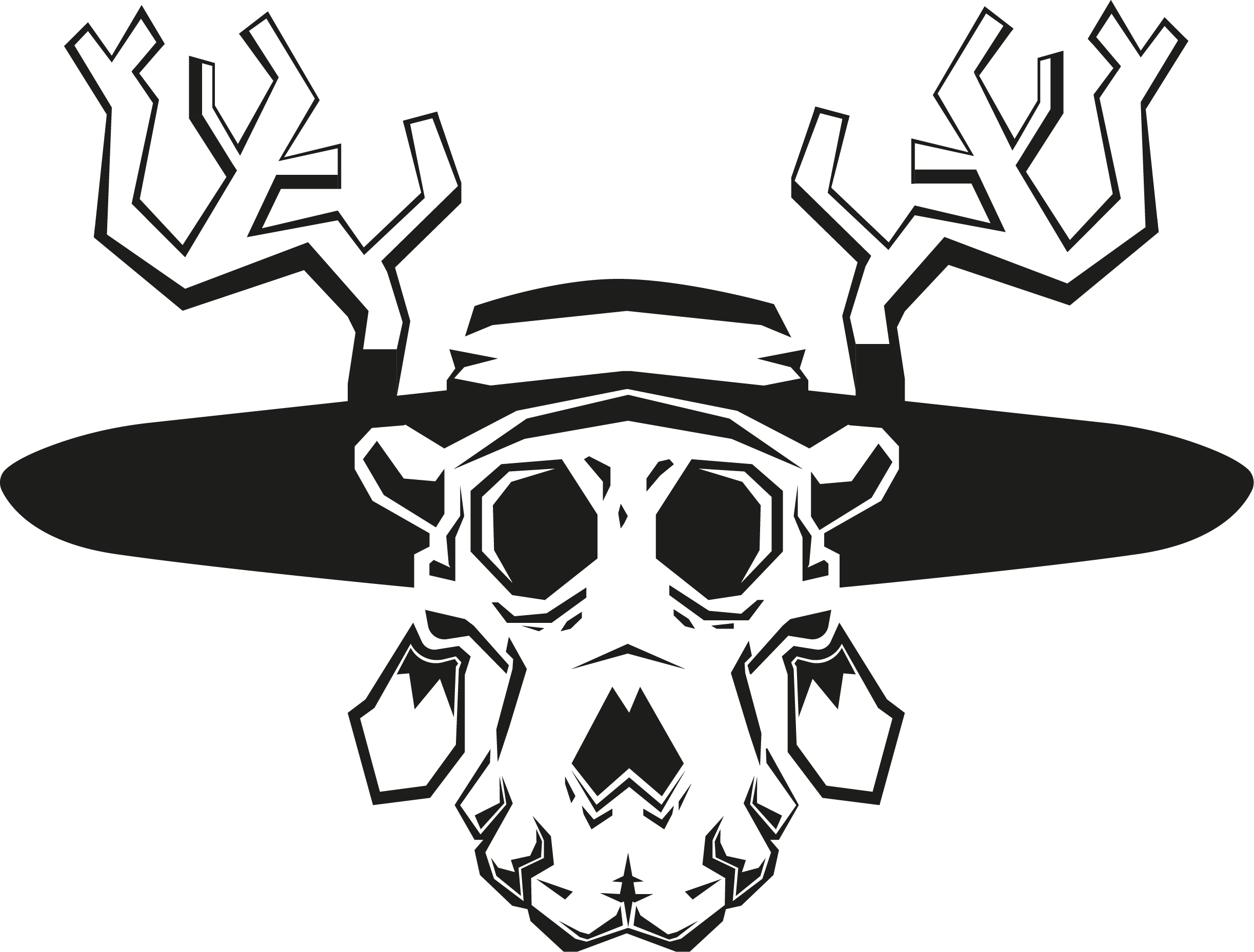 Ilustração em preto e branco de um cervo com chifres em forma de caveira de veados, usando um chapéu de bruxa.