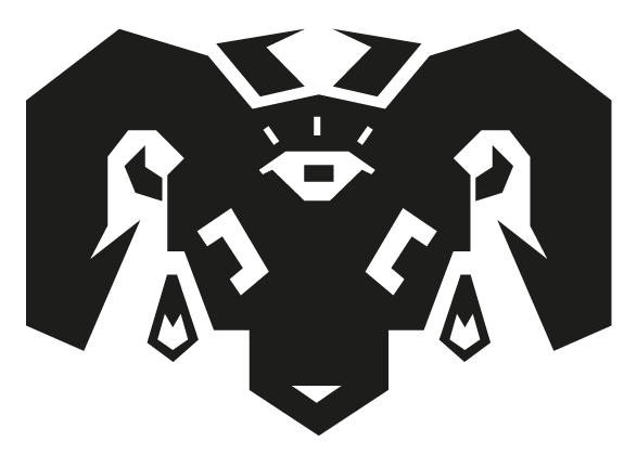 Logomarca de um leão estilizado em preto e branco, com traços geométricos.