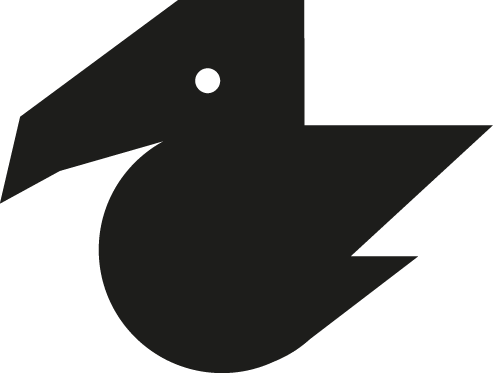Logotipo preto de um pássaro estilizado com um círculo branco representando o olho, em fundo branco.