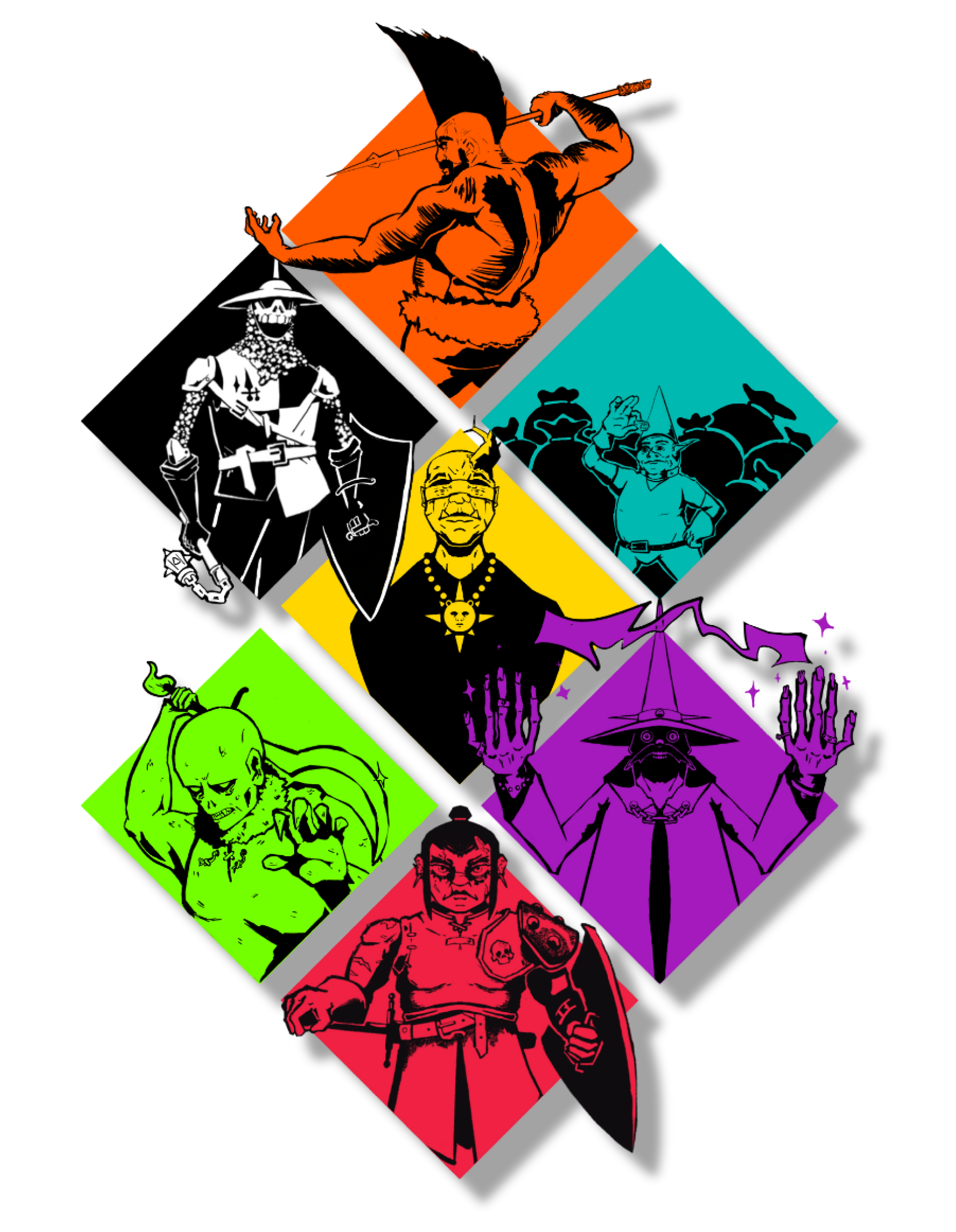 Ilustrações de personagens de filmes de terror e fantasia, cada um em um quadrado de cor diferente, formando uma composição colorida sobre fundo preto.