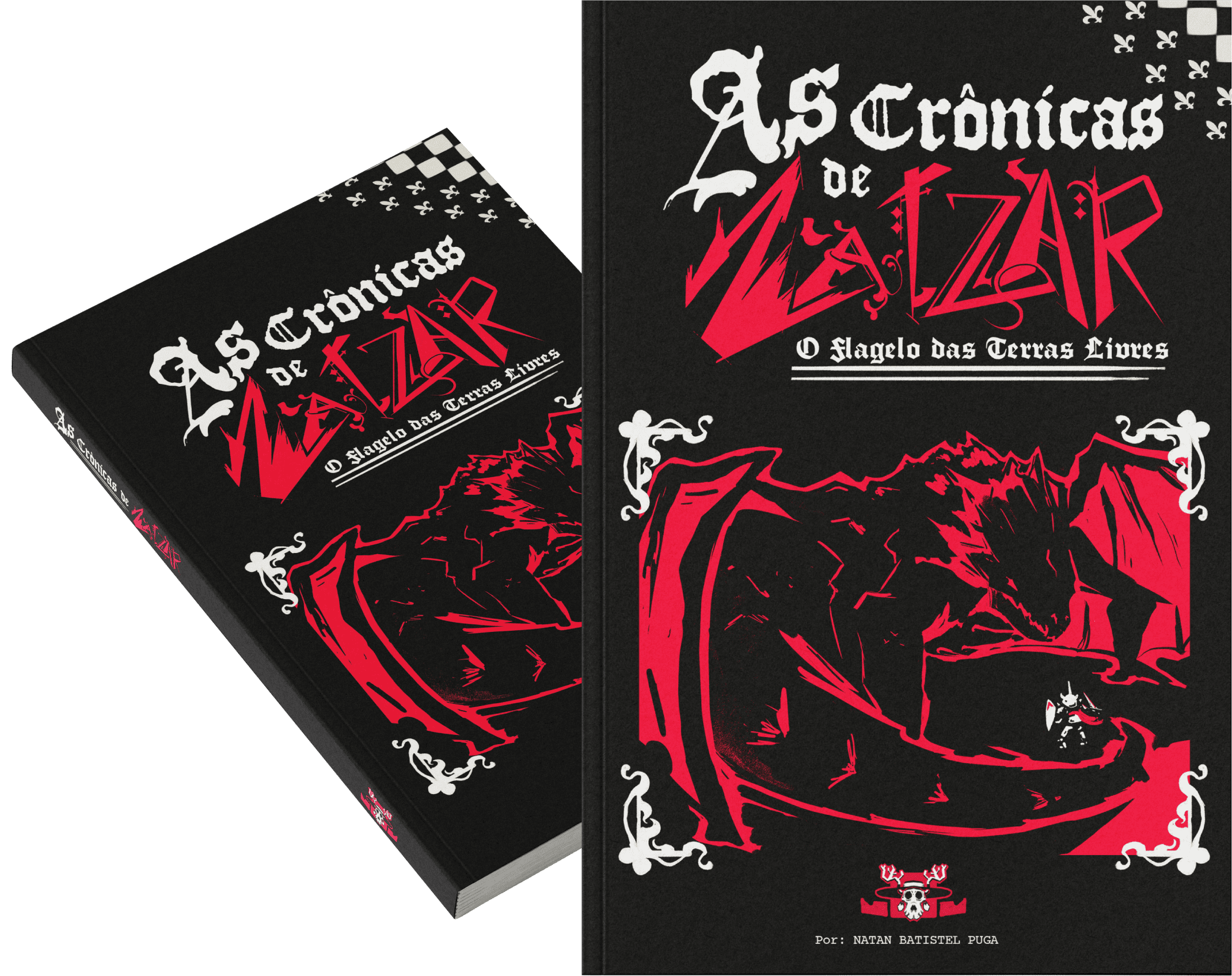 Capa de livro preto com ilustração de dragão vermelho e branco, título em letra gótica branca e vermelha, e detalhes decorativos brancos envolvendo a imagem.