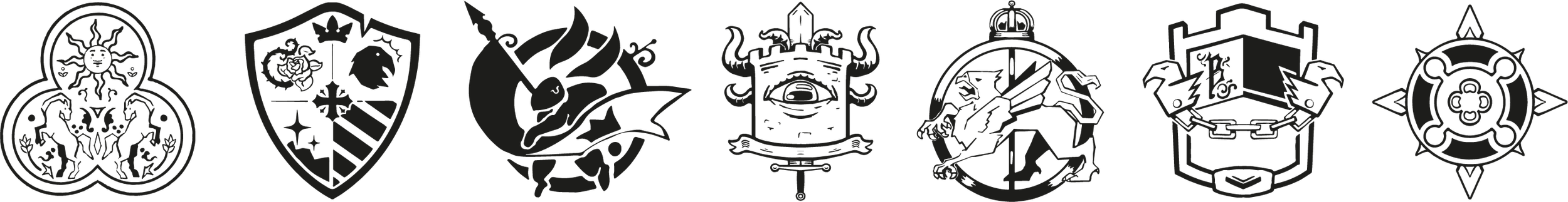 Logos de diferentes casas de Hogwarts de Harry Potter em fundo preto.