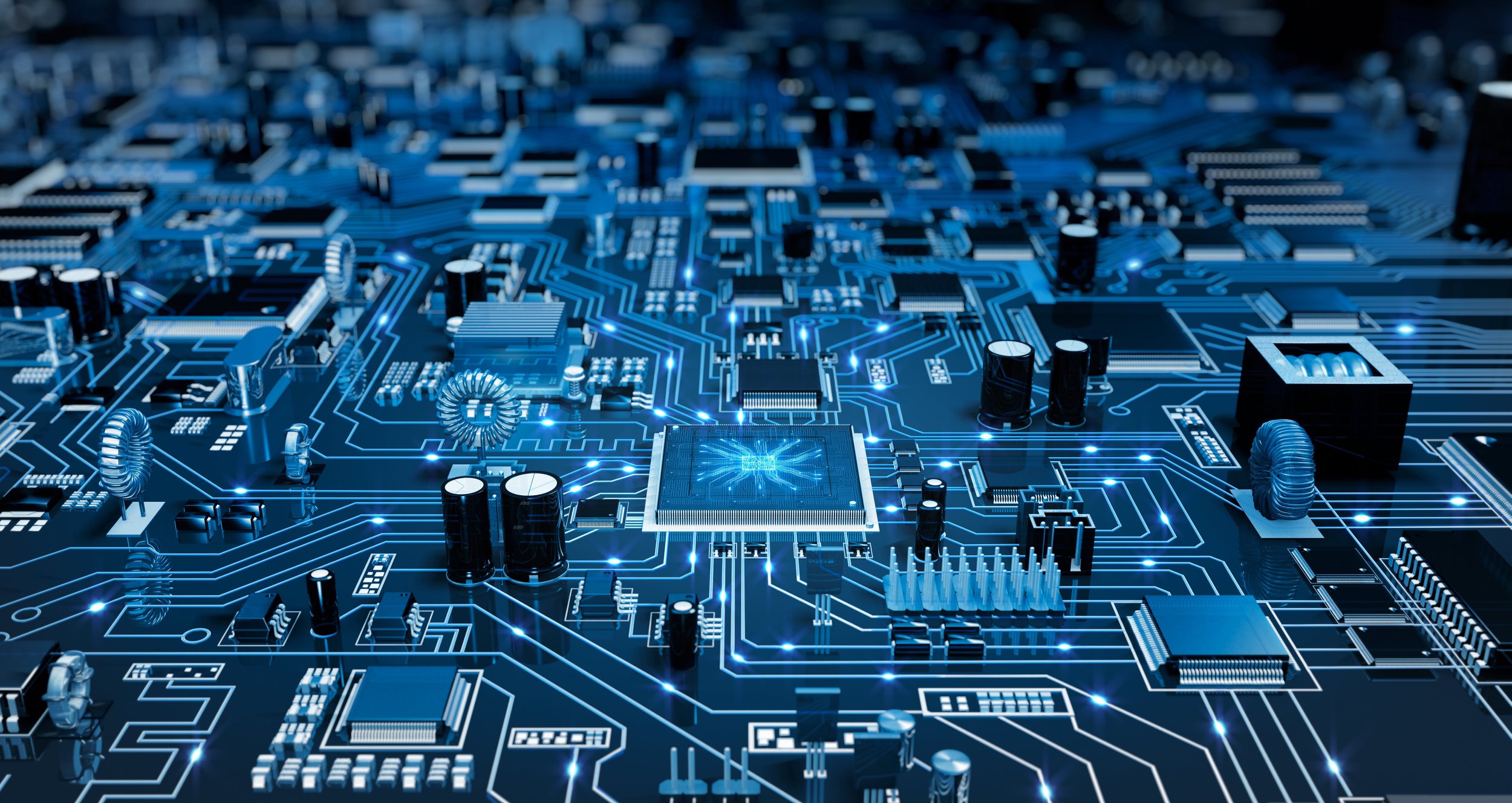 Close-up of a futuristic blue circuit board with glowing connections and electronic components.