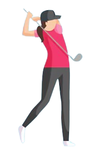 A woman playing golf, preparing to swing a golf club.