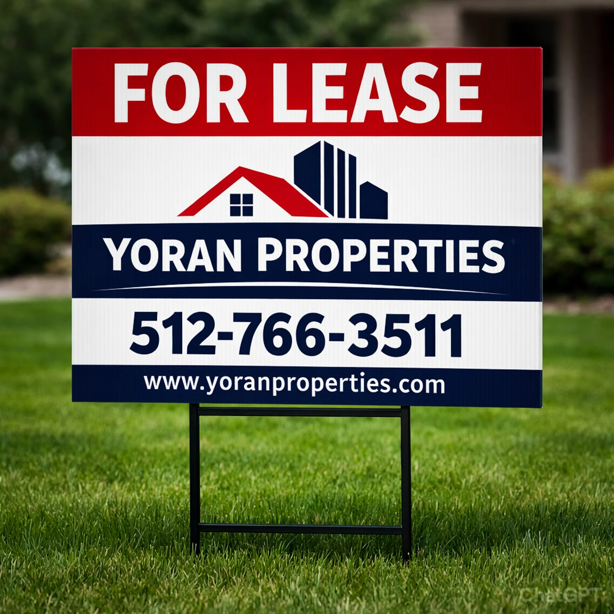 Yoran Properties for lease sign with phone number and website, on a lawn.