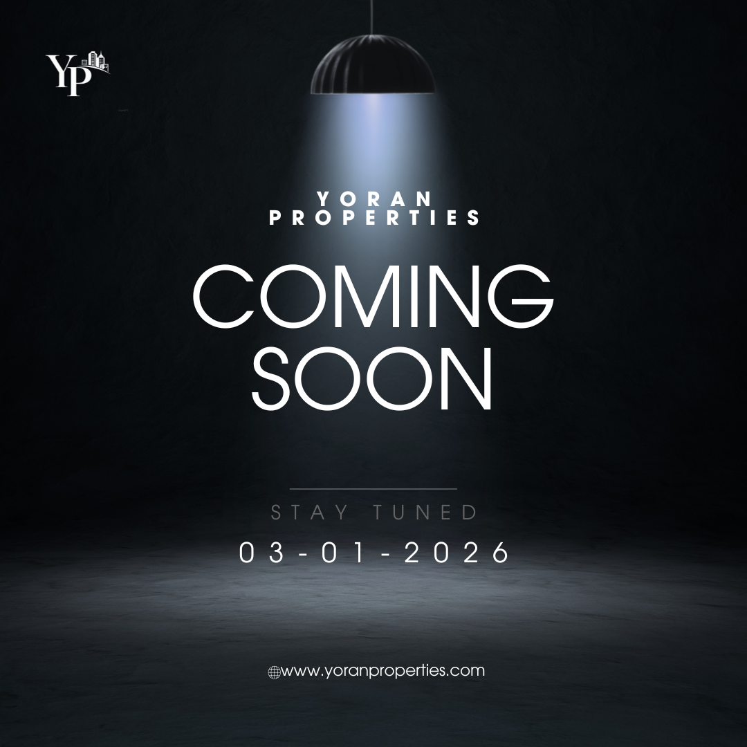 Announcement poster for Yoran Properties with a dark background, spotlight effect, and the text 'Coming Soon,' date '03-01-2026,' and website www.yoranproperties.com.