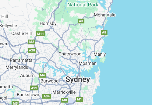 Map of Sydney and surrounding areas in Australia, showing major roads and suburbs.