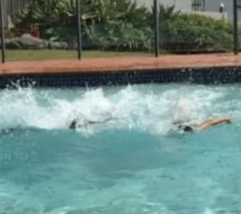 Swimmer in a swimming pool practicing freestyle stroke.
