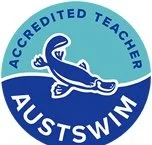 Logo of AUSTSWIM, an accredited swimming teacher organization, featuring a stylized swimmer inside a circular emblem with blue and teal colors.