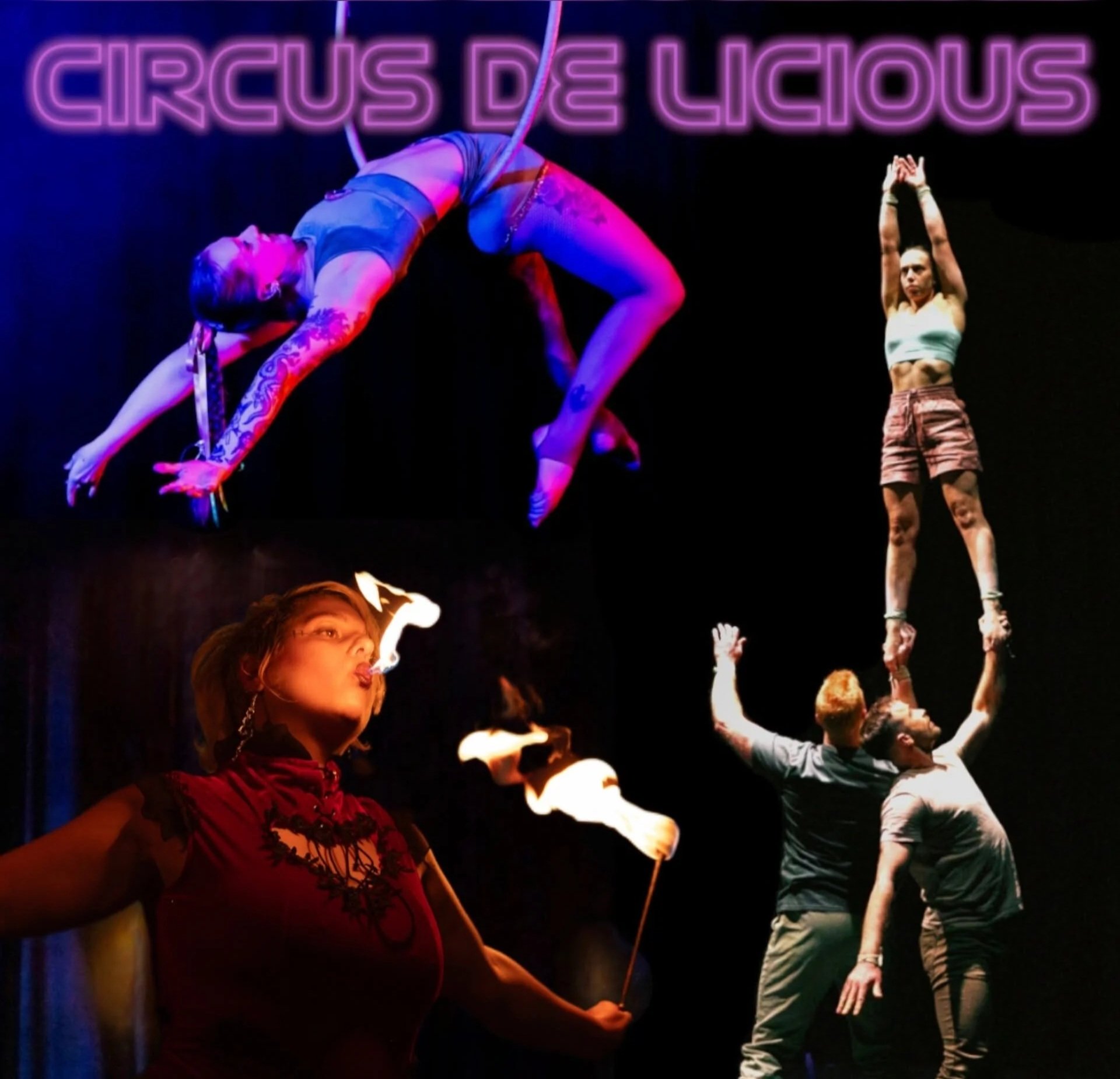 Performers in a circus act with fire, and a sign in the background that reads 'Circus De Licious' in neon lights.