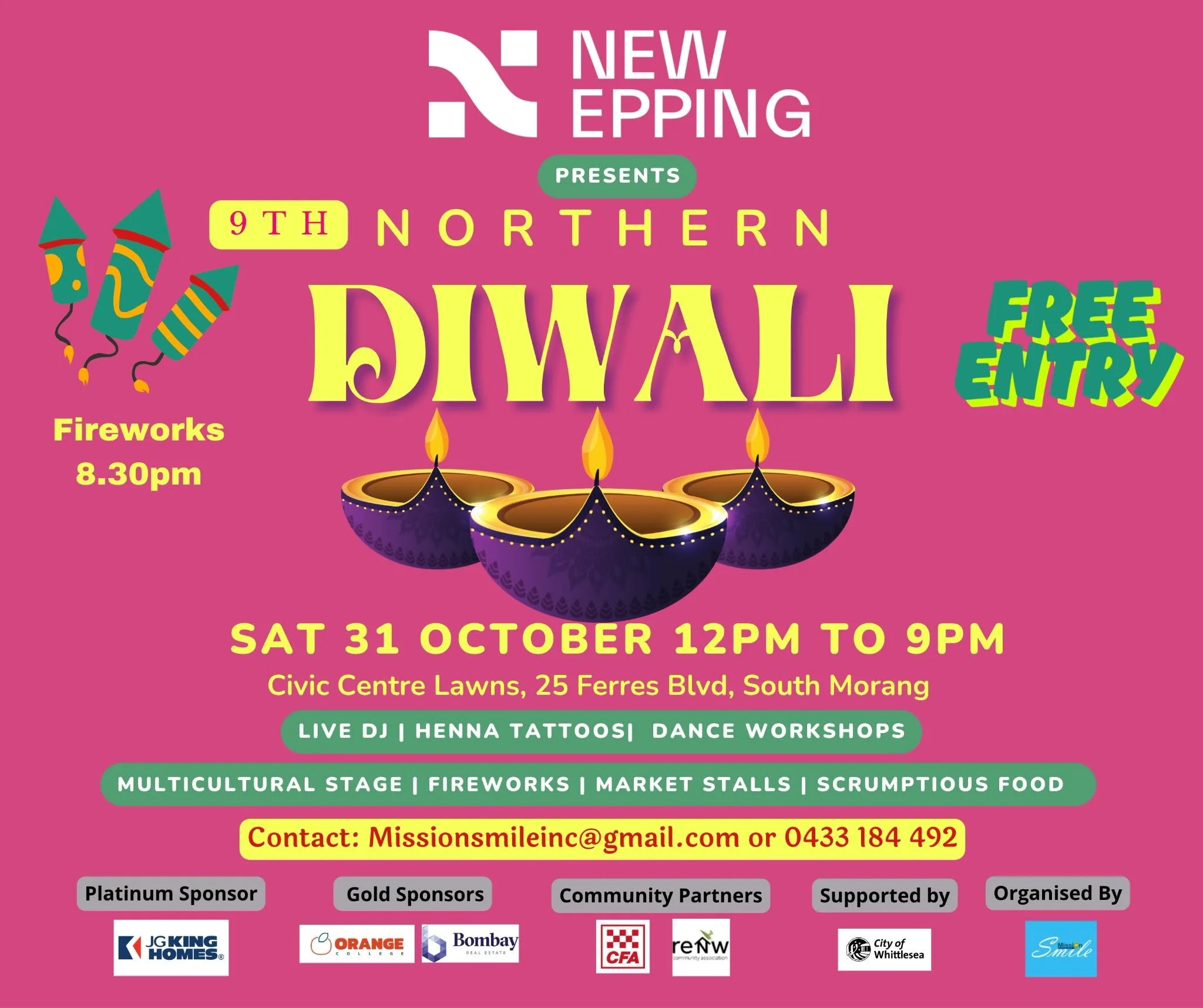 Pink promotional poster for the 9th Northern Diwali event, featuring fireworks, candles, and event details including date, time, location, live entertainment, activities, sponsors, partners, and contact information.