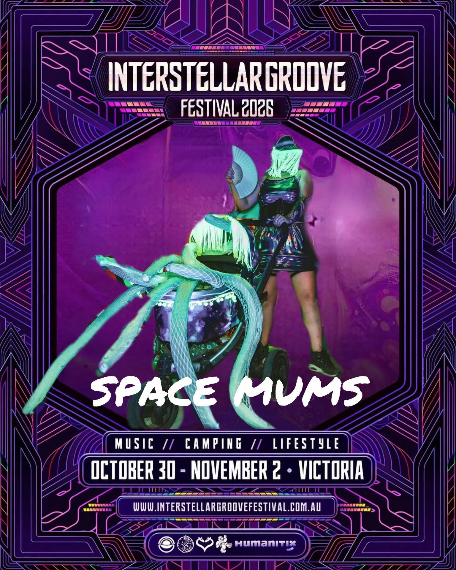 Bright, neon-themed festival poster for Interstellar Groove Festival featuring a person dressed in futuristic attire with neon green hair, standing next to a with snakes draped over it. The poster highlights music, camping, and lifestyle from October 30 to November 2 in Victoria, Australia.