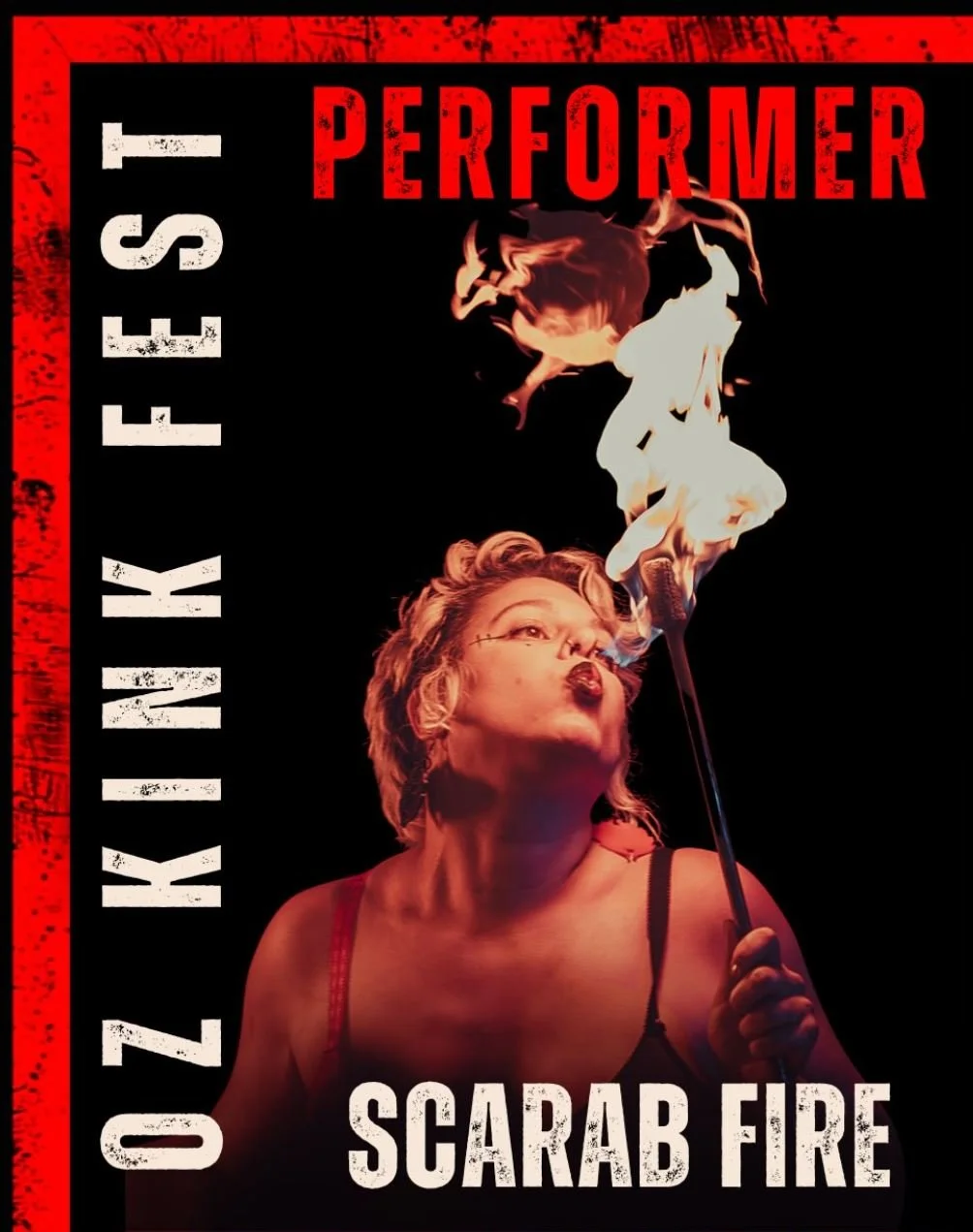 A woman with short hair and piercings holding a flaming torch with smoke and fire rising from it, on a poster for a performance called 'Scarab Fire' at the 2026 Oz Kink Fest event.