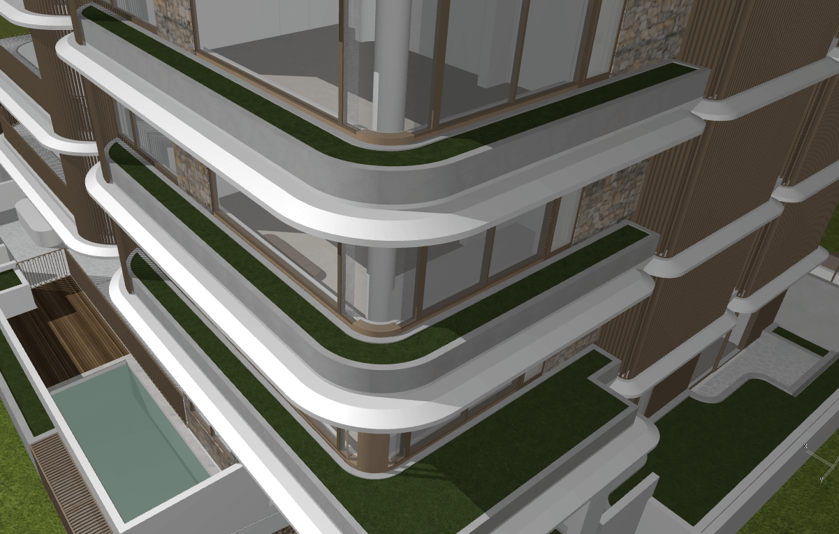 An aerial view of a modern multi-story residential building with curved balconies, glass railings, green rooftop spaces, and a swimming pool in the courtyard.