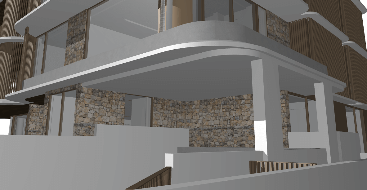 Modern multi-story building with curved balconies, stone accents, glass windows, and wooden vertical slats.