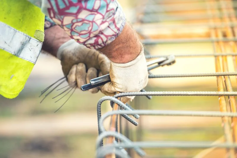 A construction worker attaching rebar with a metal tool at a construction site.