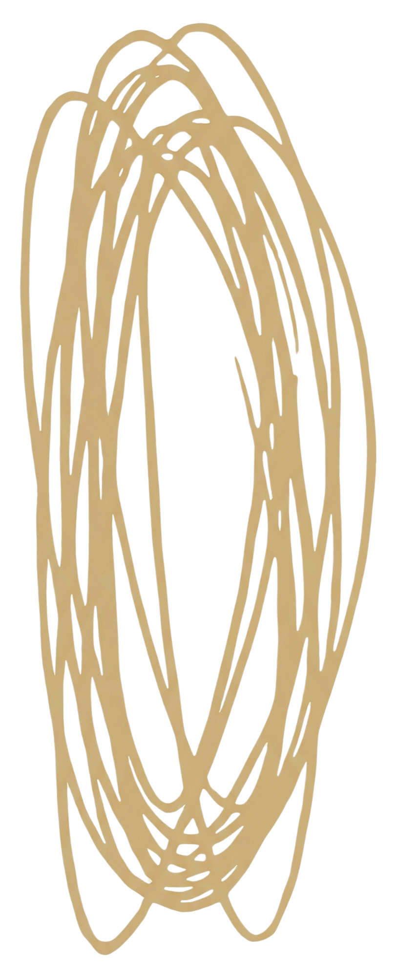 Gold abstract line art sculpture with elongated oval shape and intricate, intersecting lines.