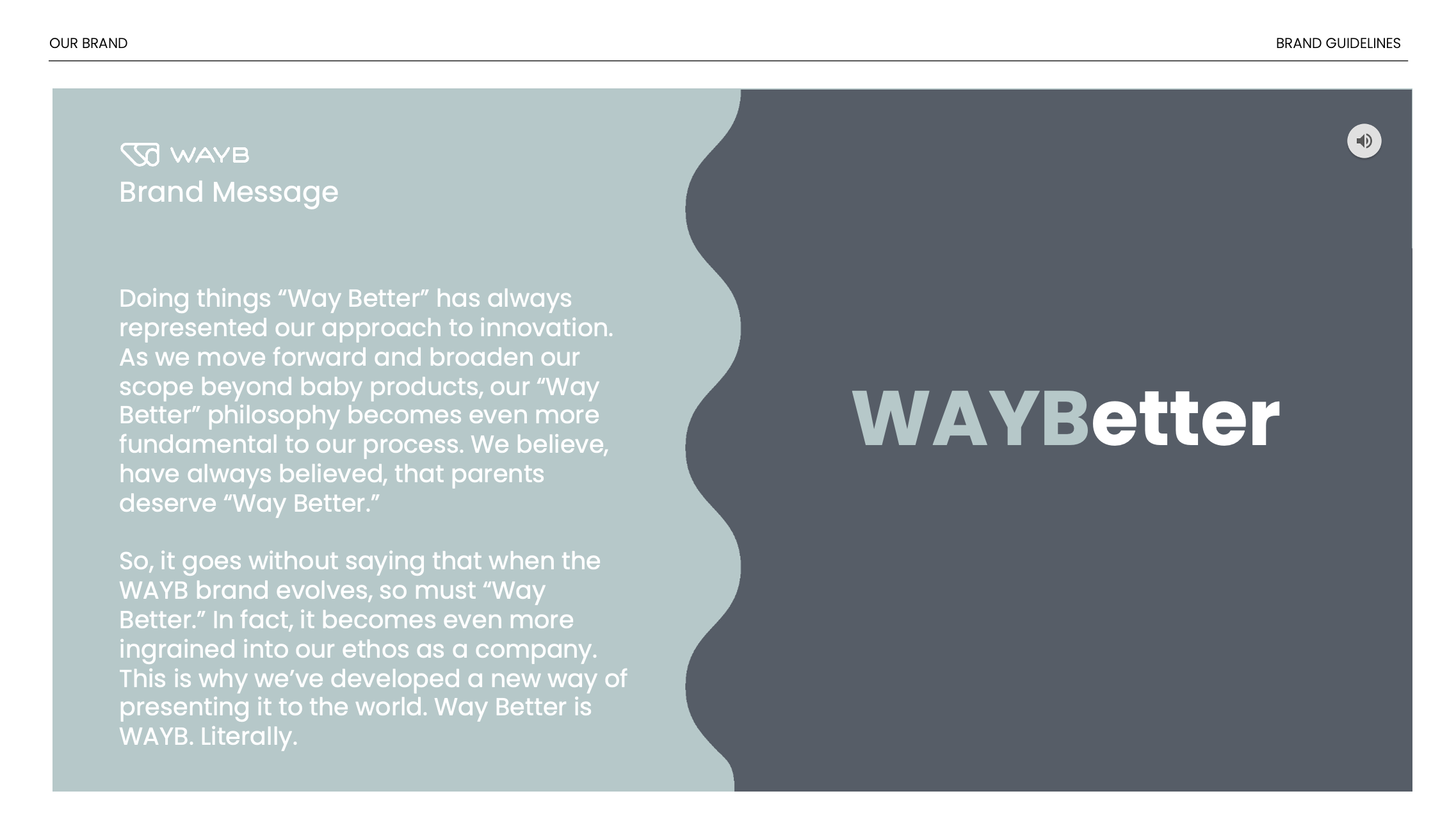 An informational graphic of a brand guideline page for WAYB. The page features the WAYB logo, a brand message about innovation and a philosophy of doing things 'Way Better,' with the emphasis on the phrase 'WAY Better' in large text. The text discusses the evolution of the WAYB brand and its core principles.