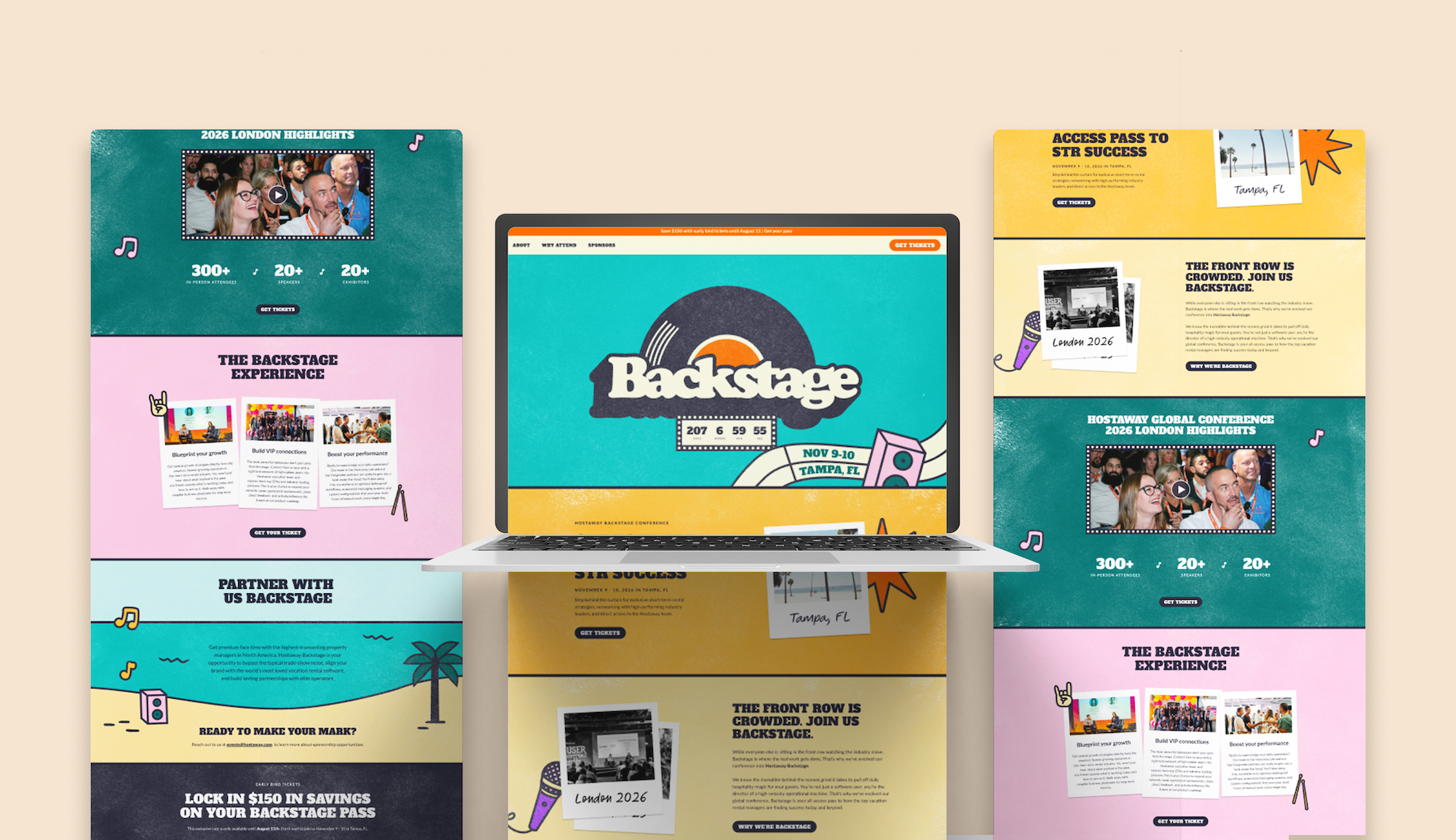 Hostaway Backstage event campaign featuring conference branding, social media design, ticket promotion, and event marketing creative.