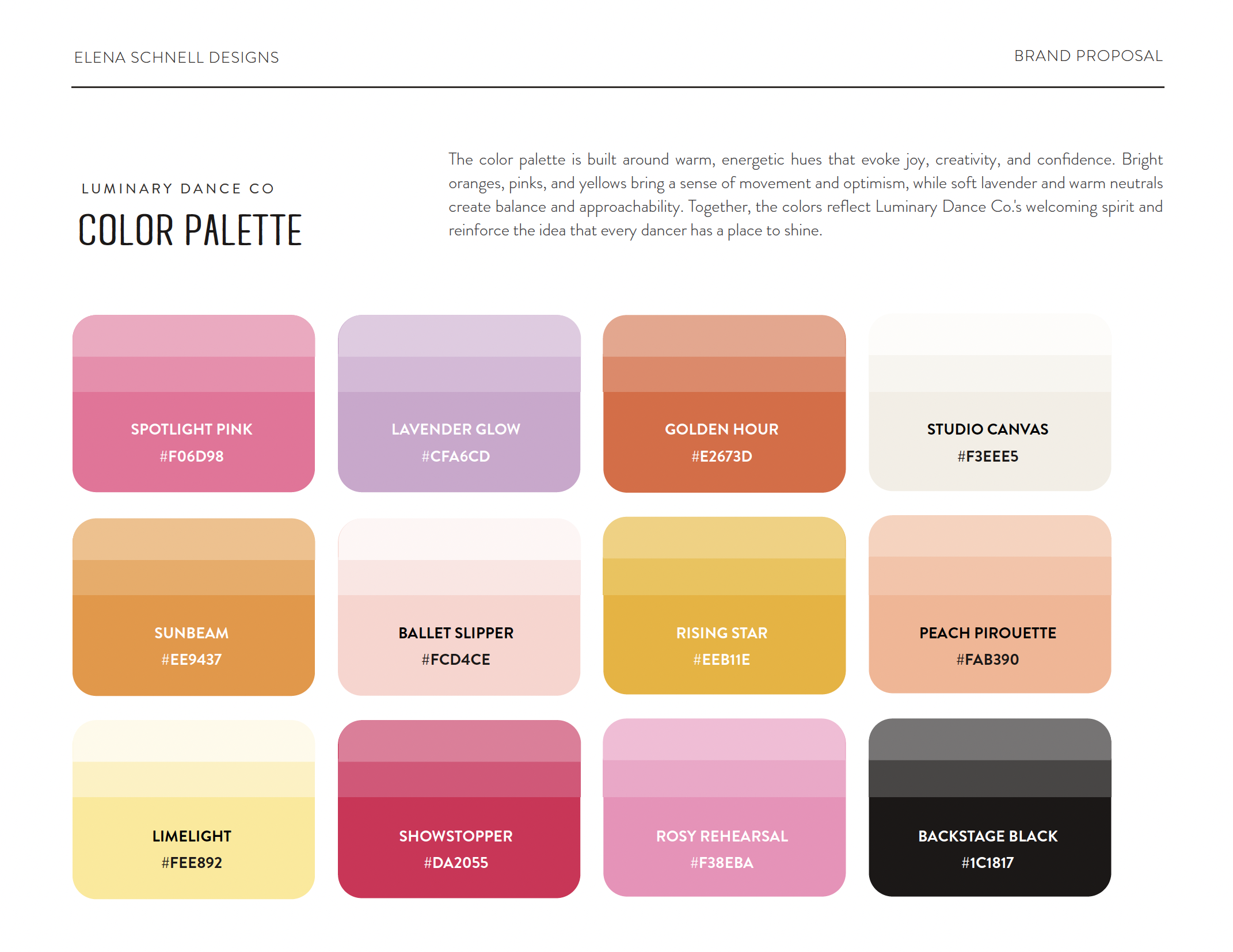 Luminary Dance Co. brand color palette featuring vibrant pink, orange, yellow, lavender and neutral tones.
